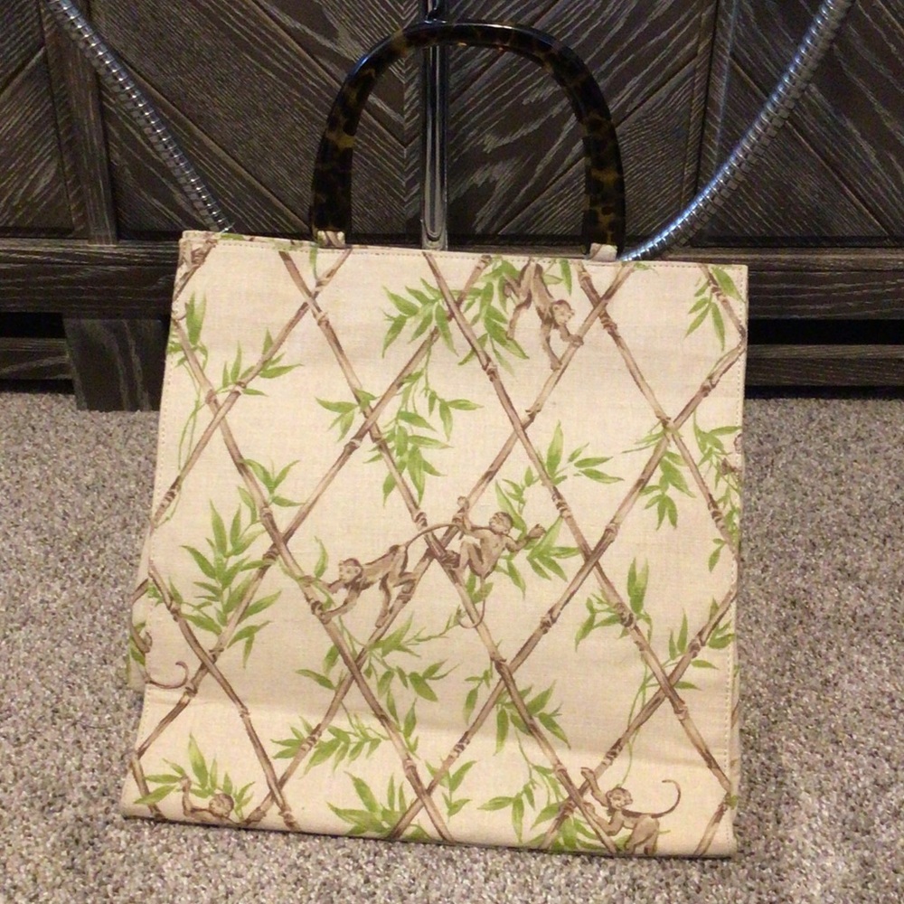 Talbots tote bag light tan bamboo branches and monkey print, lucite handles